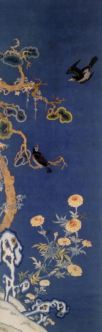 刺繡柏菊八哥圖（軸），清同治年間繡品，蘇繡，刺繡品，藏品繡