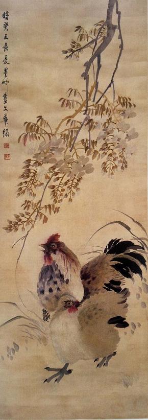 薛文華繡紫藤雙雞圖（軸），民國時期蘇繡，民國織繡精品，華喦